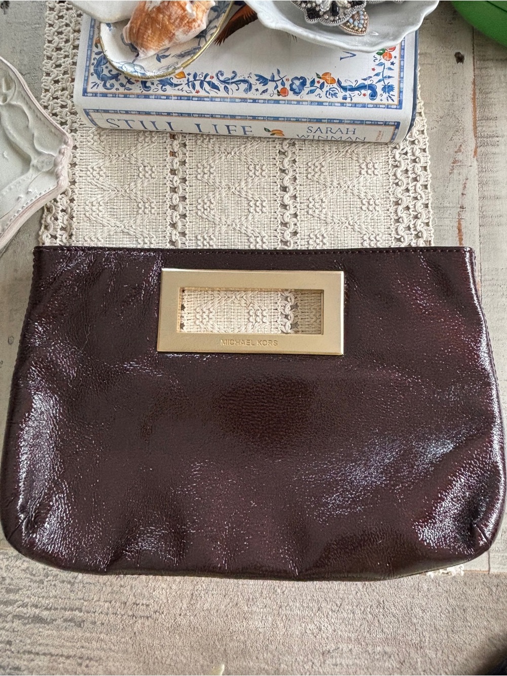 Michael Kors Dark Brown Patent Leather Clutch with Gold Accent